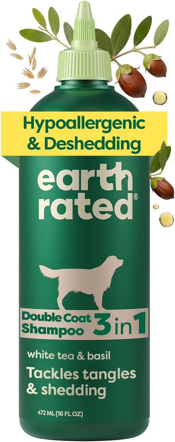 3-in-1 Deshedding Dog Shampoo and Conditioner, Deodorizing Oatmeal Shampoos for Dogs and Puppies, Great for Smelly Pets, White Tea and Basil Scent, 473 ml