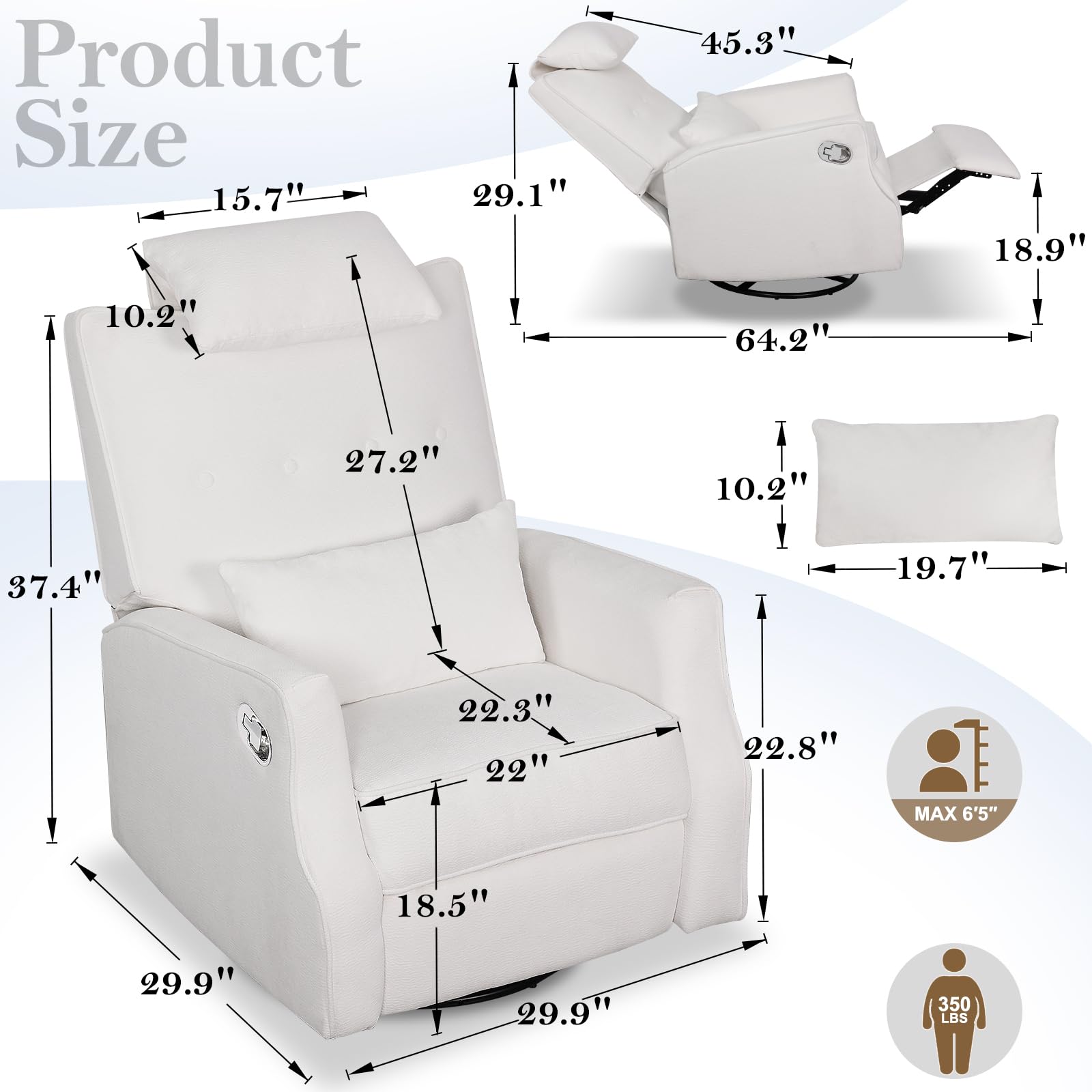 DIFYHOMEY Nursery Swivel Glider Recliner Chair Chenille Upholstered Accent Glider Rocker Recliner with Headrest and Lumbar Support Pillow for Nursery Living Room Bedroom (White)