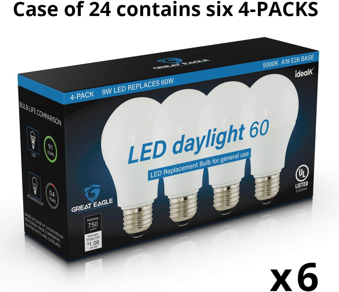 Great Eagle A19 LED Light Bulb, 9W (60W Equivalent), UL Listed, 5000K (Daylight), 750 Lumens, Non-dimmable, Standard Replacement (24-Pack)