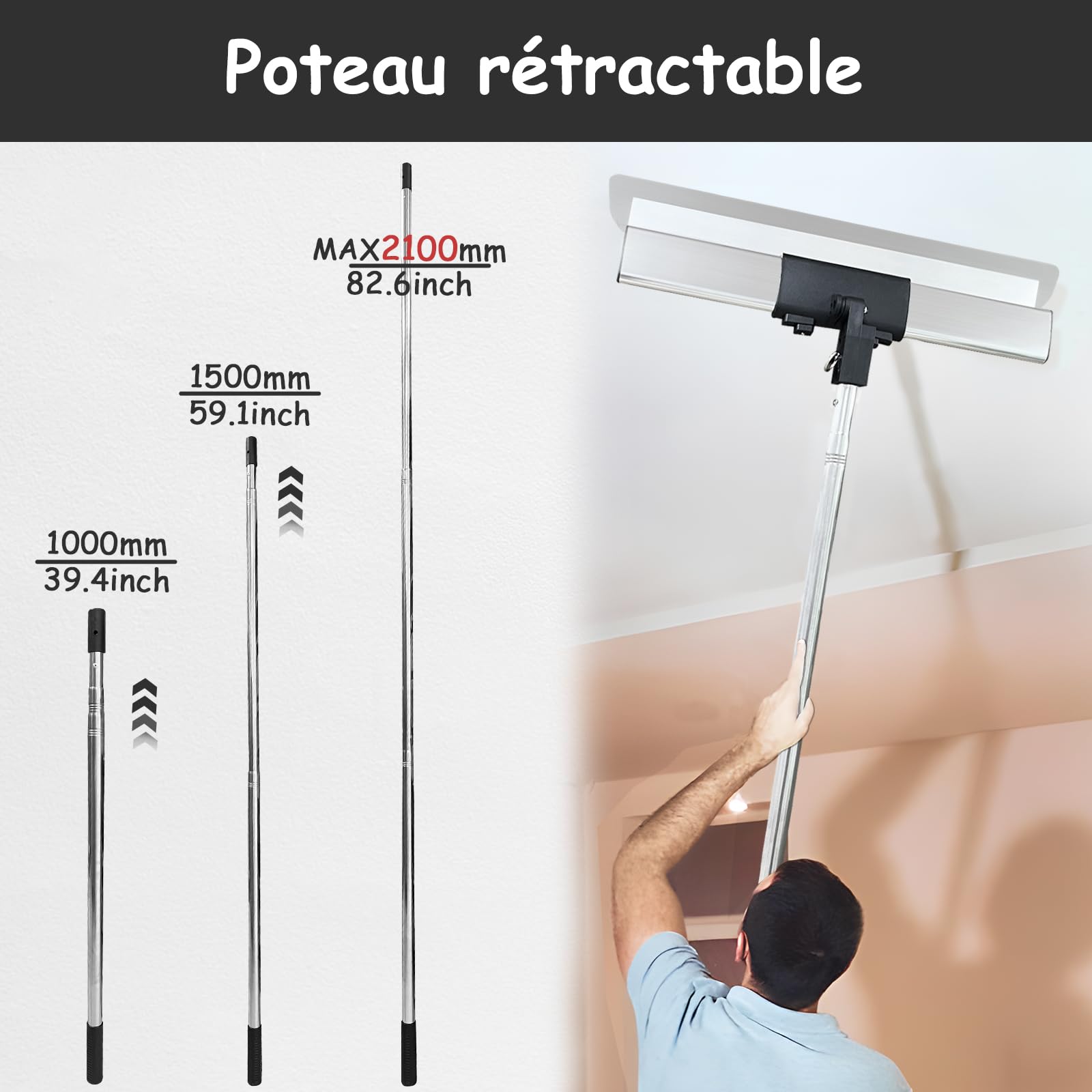VKE Set Couteau a Enduiret 30/50/80cm avec Lame Interchangeable et Mallette | Poignée en Alliage d'Aluminium avec Perche Télescopique 2,1 m et Brosse à rouleau pour le Crépissage des Murs et Des plafonds