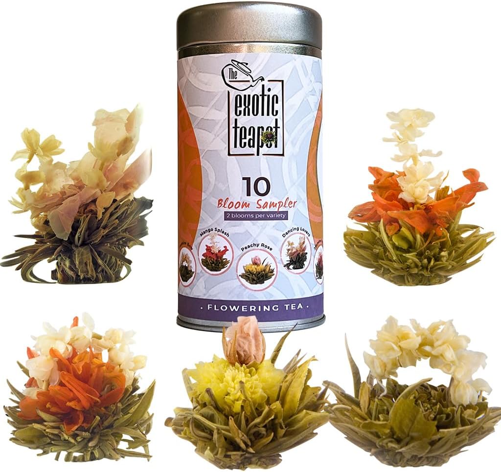 The Exotic Teapot – Flowering Tea Sampler Tin, 10 Assorted Flower Blooms, Jasmine, Fruity Flavours
