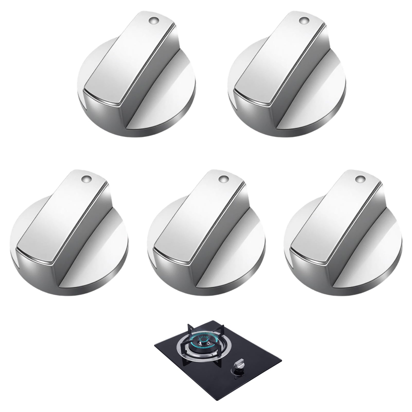 Universal Cooker Knobs Replacement Set, 5 Pcs 6mm Gas Stove Control Knobs with Silver Metal Switch Adaptors for Hob, Oven, and Cooktop Temperature Adjustment – Easy Installation Thermostat Accessories