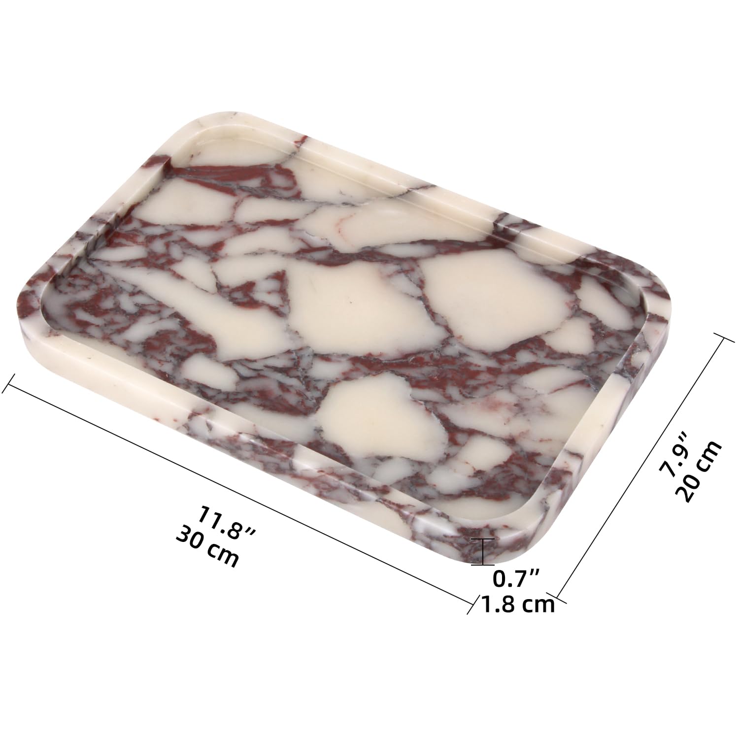 Marmor Tablett Natürlicher Badezimmer Tablett Kosmetiktablett Vielseitiges Deko Tablett Luxuriöser Küche Arbeitsplatten(Calacatta Viola, 30 x 20 x 1.8 cm)