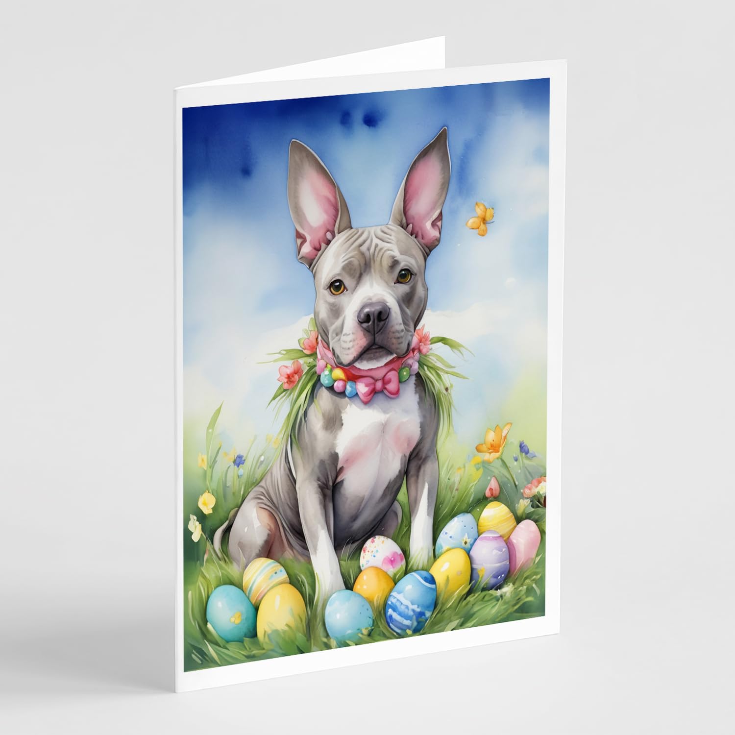 Caroline's Treasures DAC5132GCA7P Pit Bull Terrier Easter Egg Hunt Greeting Cards Pack of 8 Blank Cards with Envelopes Whimsical A7 Size 5x7 Blank Note Cards