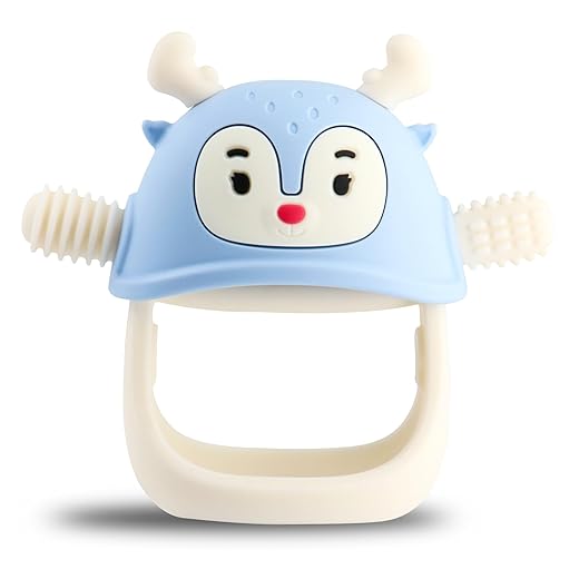Smily Mia Never Drop Reindeer Silicone Baby Chewing Toy for 3M+ Infants, Easy to Hold Teething Miteen with Soft Textures for Sensory Exploration and Teething Pain Relief-Light Blue