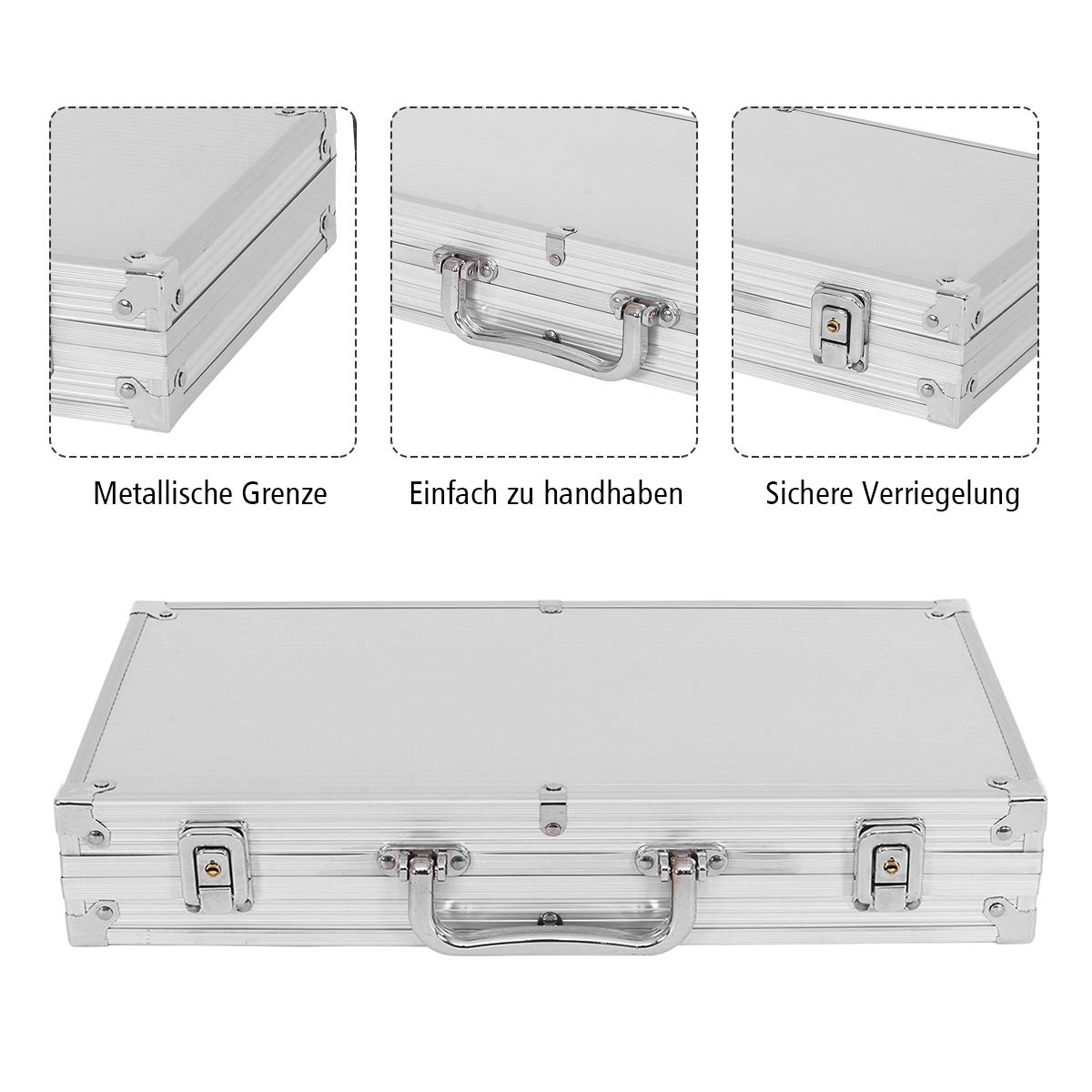 DREAMADE Poker-Set mit 300 Poker Chips, Pokerset Koffer Profi,Pokerkoffer aus Alu, Pokerspiel mit 1 Dealer Button, 5 Würfel und 2 Kartendecks (Silber)