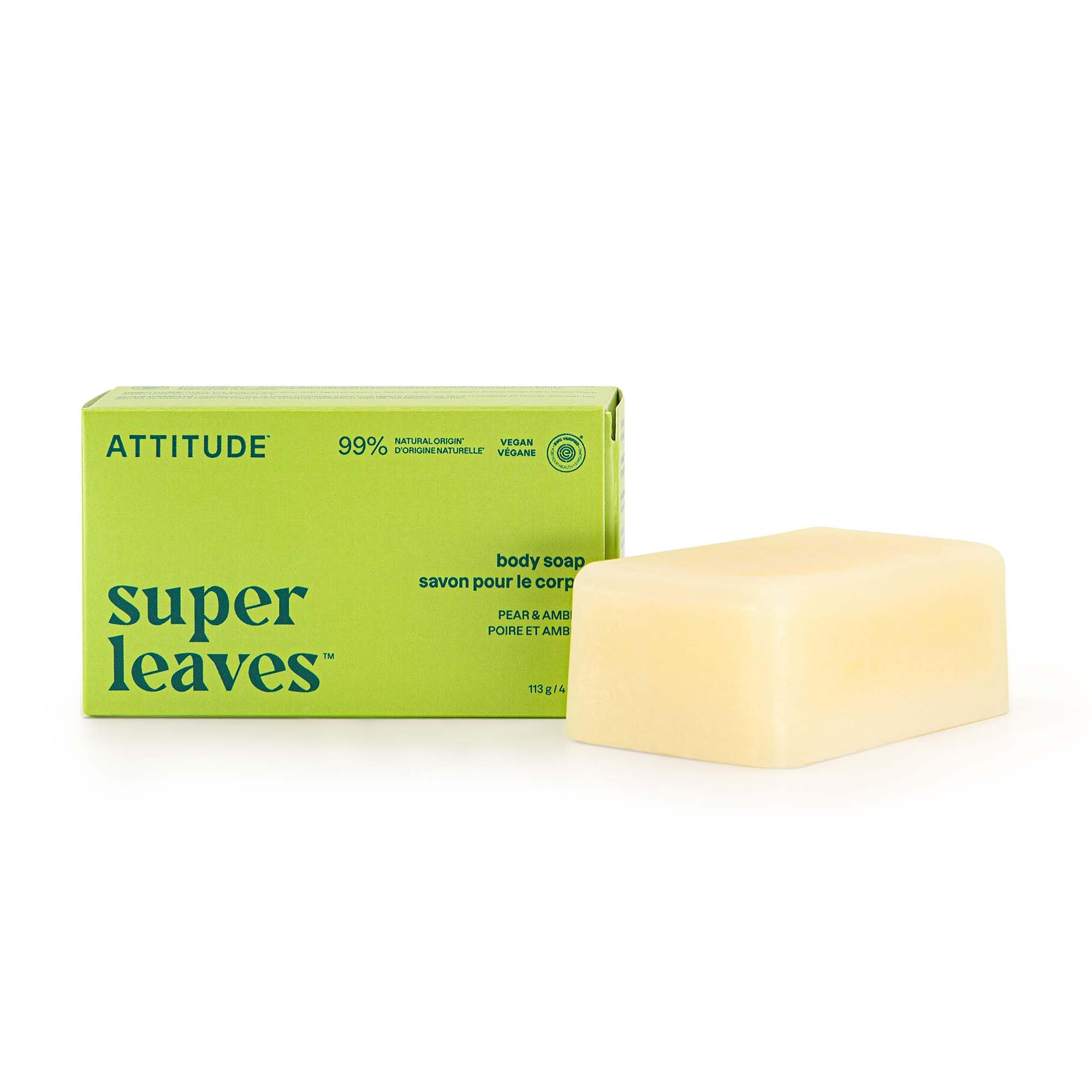 ATTITUDE Body Soap Bar, Made in Canada, Natural Origin, Protects and Softens Dry Skin, Watercress, Indian Cress & Olive Oil, EWG Verified & Vegan, Pear & Amber, 113 g