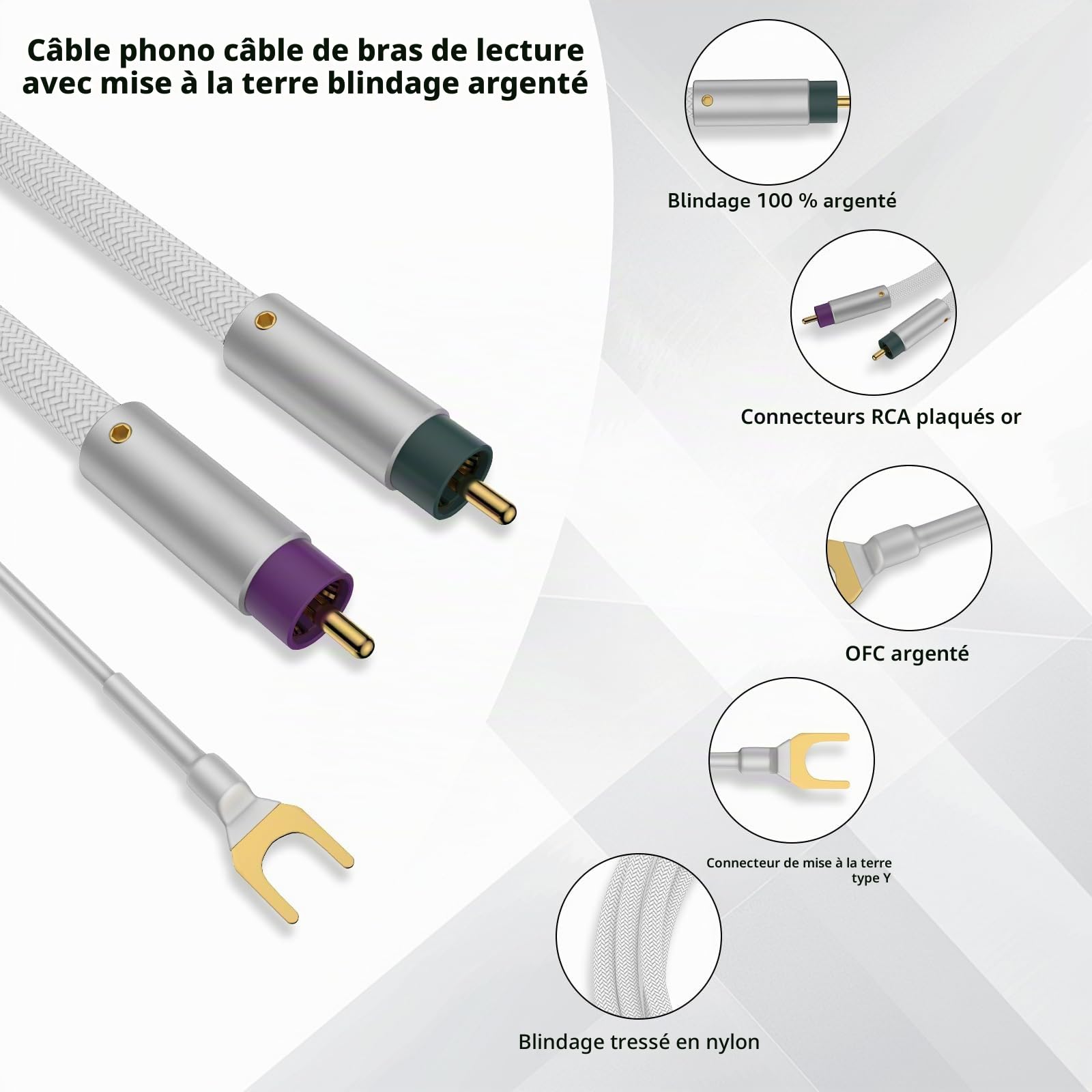 Tertullus Câble phono avec terre - 1 m - Blindage argenté - Câble de bras de lecture OFC plaqué argent - Câble RCA RCA - Câble de terre - Connecteurs plaqués or - Pour platine disque, amplificateur
