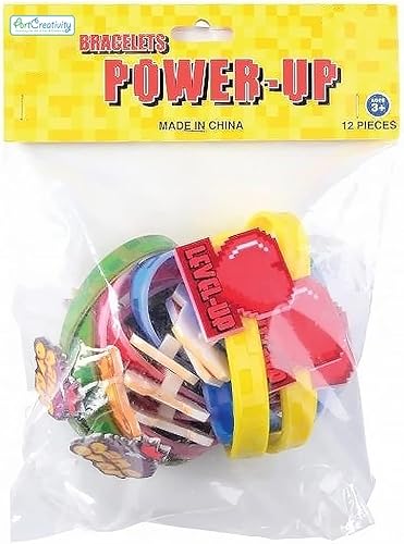 ArtCreativity Pulseras de goma Power Up para niños, juego de 12, coloridas pulseras de goma elásticas con iconos clásicos de videojuegos, divertidos