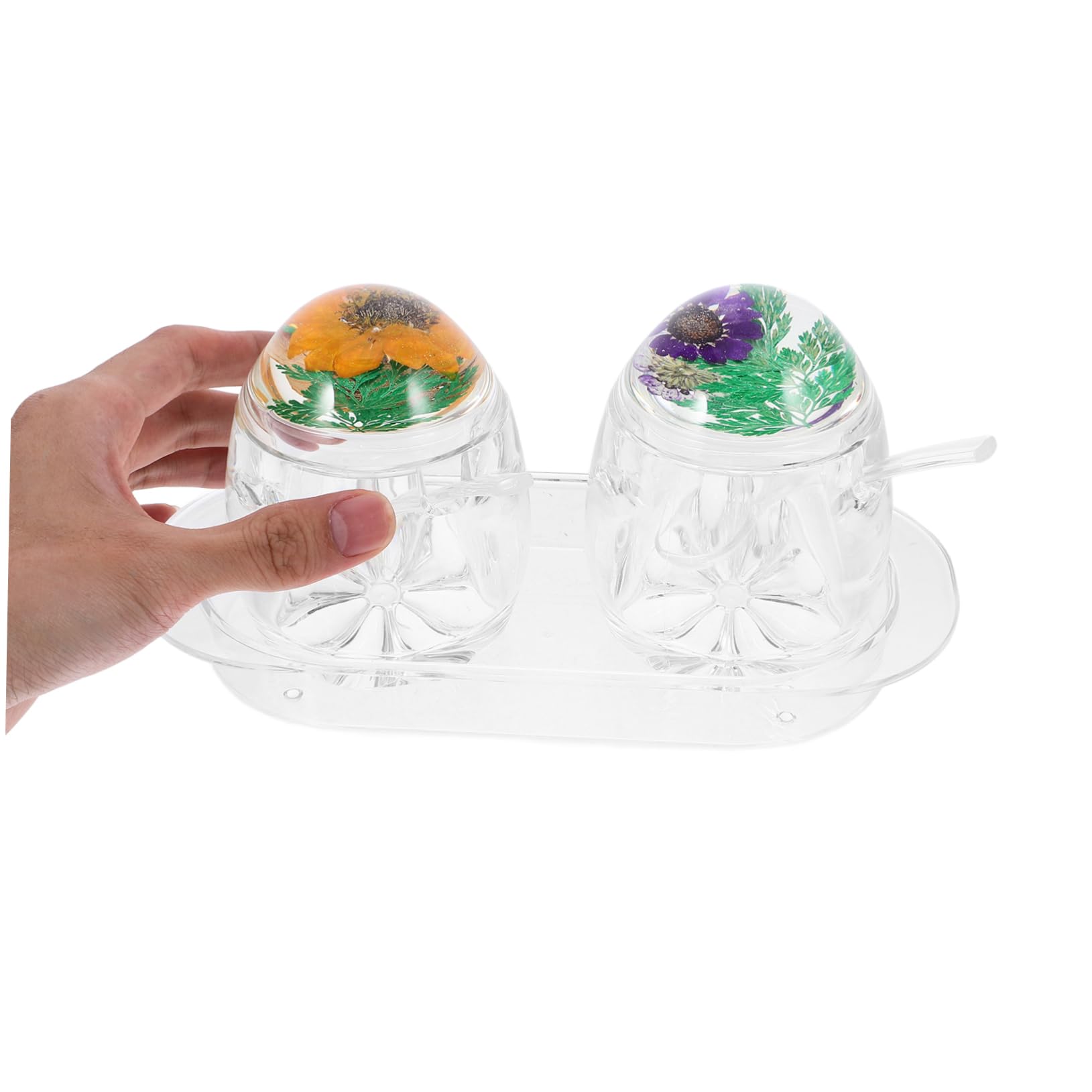 Boîte à Épices Transparente Couvercle Floral et Cuillère, Pot à Condiments en Acrylique, Lot de 2 Set, Accessoire Multifonction Cuisine, Rangement Compact et Décoratif