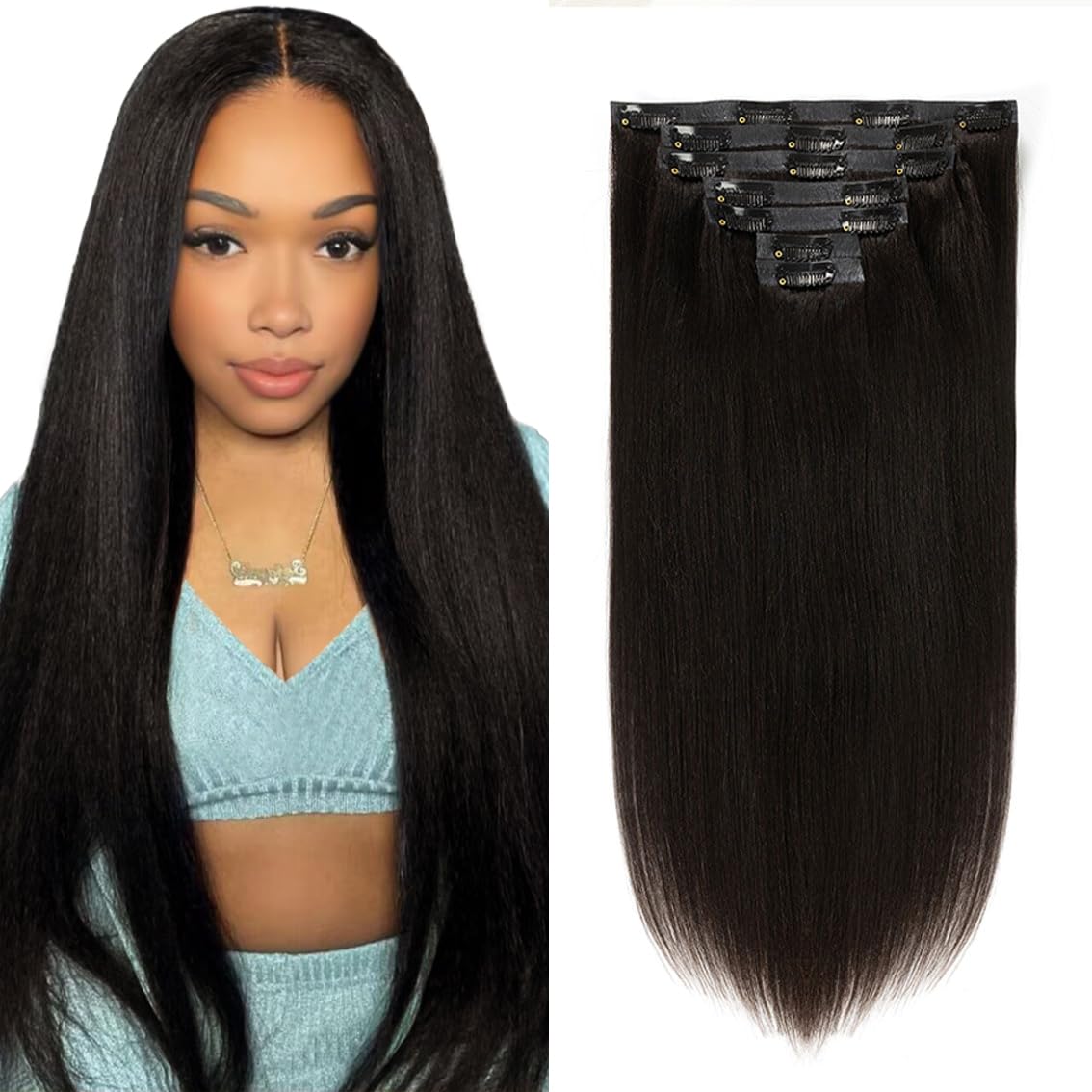 Anrosa Yaki Straight Clip in Hair Extensions 14 Inch Seamless Human Hair Clip in Extensions Invisible Hair Extensions Real Human Hair Natural Black