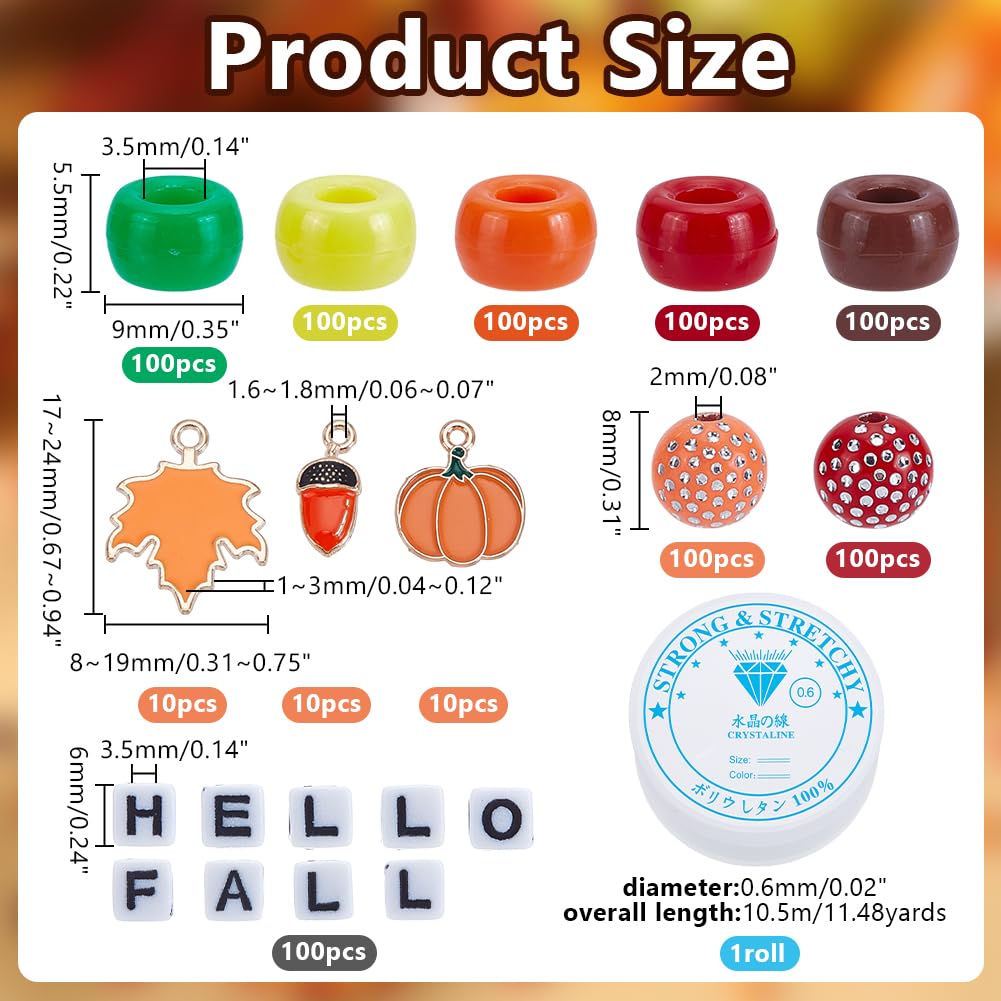 arricraft 830 Pcs Fall Beads Wristbands Making Kit, Autumn Pony Beads Bulk with Maple Leaf Charms Acorn Charm Pumpkin Cube with Random Initial Letter for DIY Arts Crafts Jewelry Making