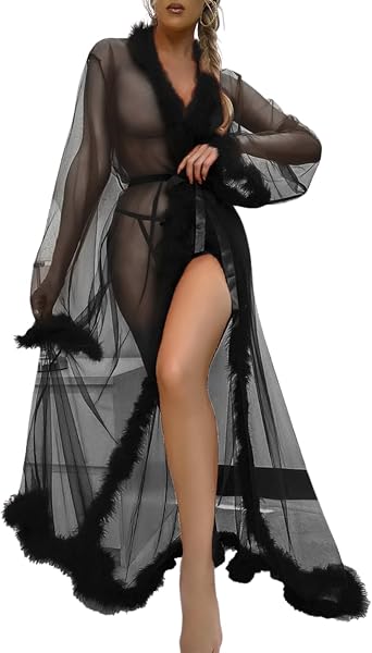 Women's Sheer Mesh Feather Trim Dressing Gown Long Kimono Robe
