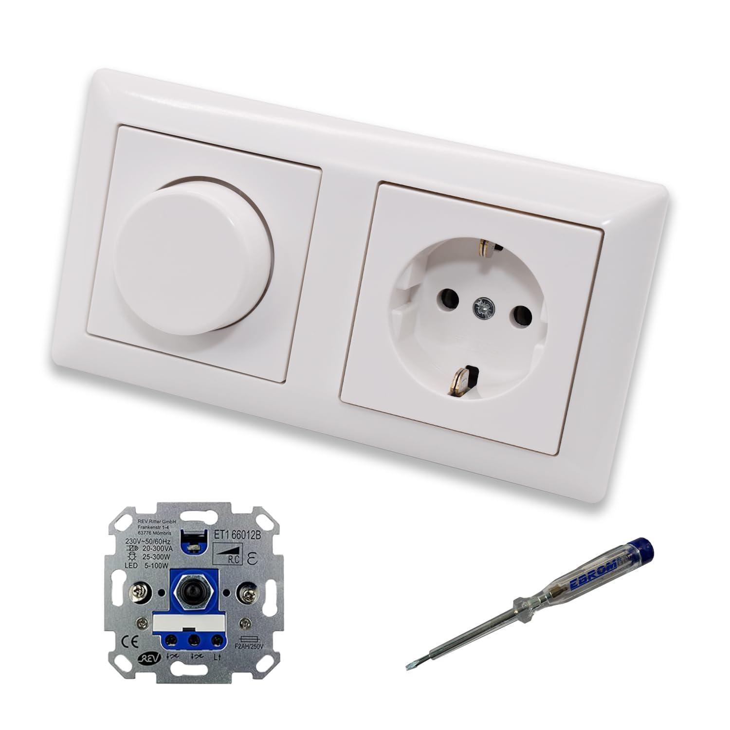 EBROM SET IDEE: REV Ritter LED Drehdimmer Dimmer + Jung Dimmerscheibe A1740WW und Steckdose mit Kinderschutz A1520KIWW in AS500 alpinweiß glänzend + EBROM Phasenprüfer z. Montage der Geräte ET1 66012B