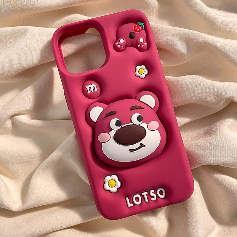 Image of COVERLY for iPhone 15 Pro Max 3D Cartoon LOTSO Bear Case,Full Protective Strawberry Toy Story Walt Back Case with Holder Cute Soft Silicone Fashion Aesthetic Cover for Apple iPhone 15 Pro Max