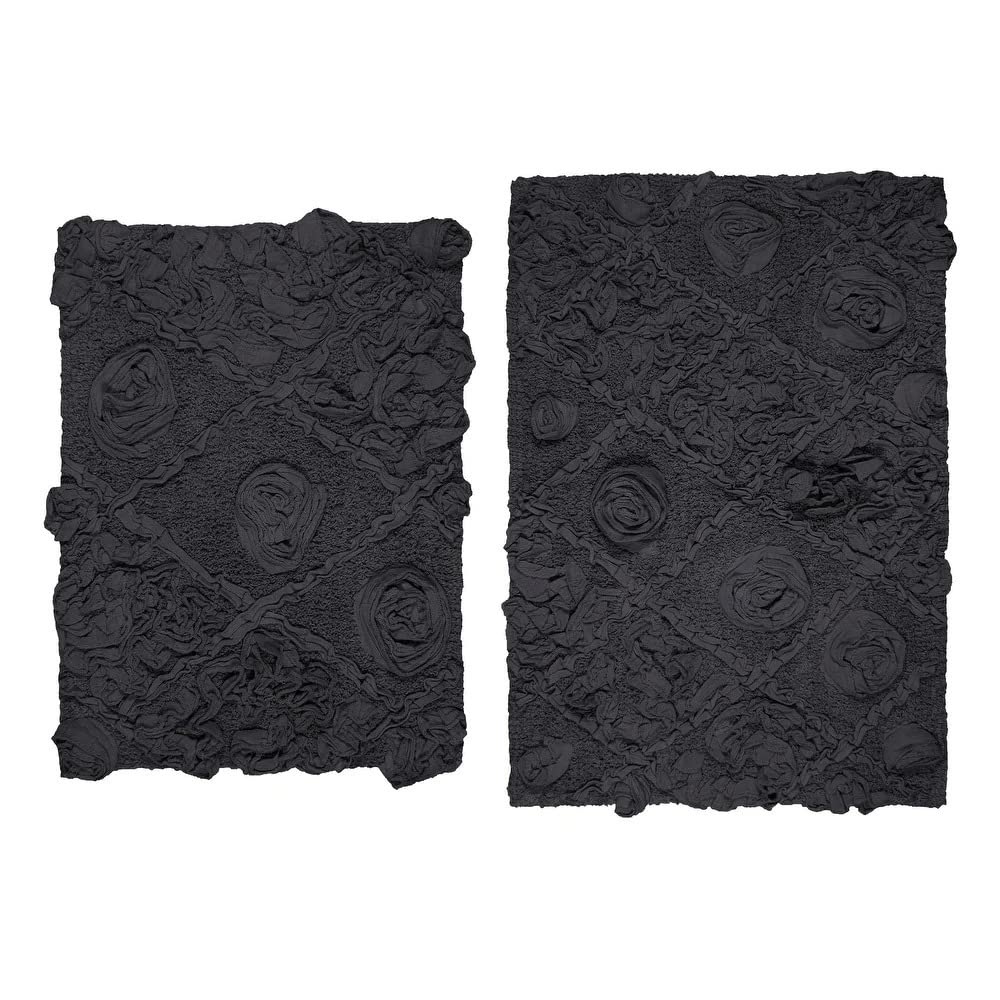 Functional Durable Dark Gray Cotton Bathroom Rugs Sets 2 Piece with Pretty Floral Tufted Pattern On Solid Background