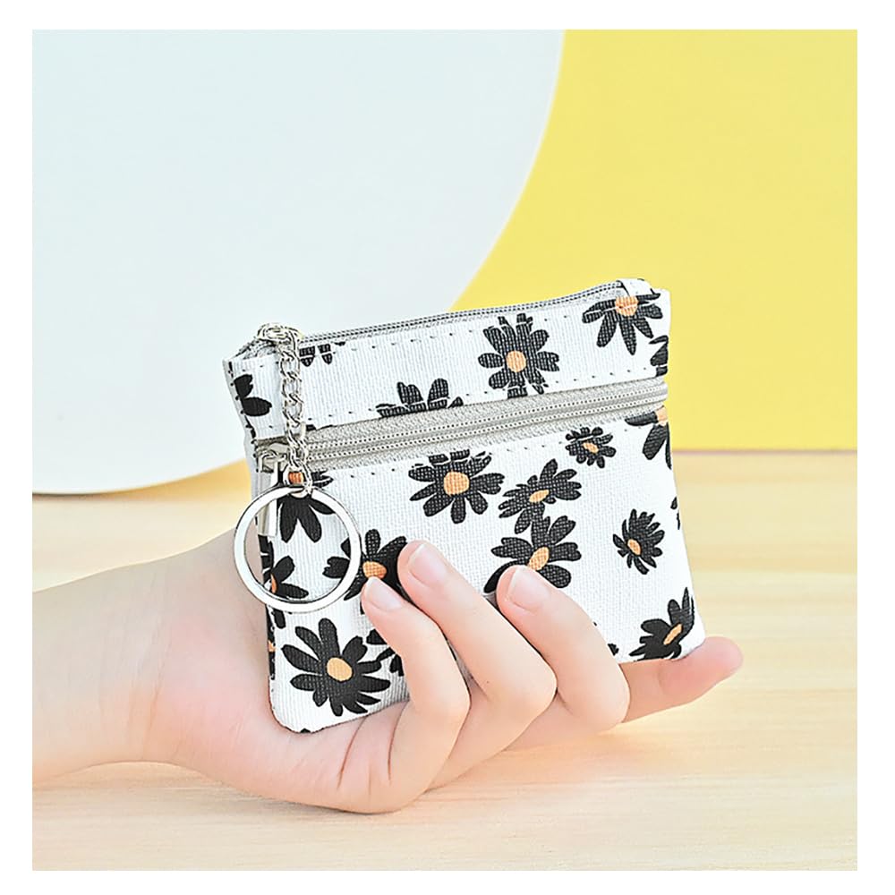 Coin Purse for Women,Small Leather Change Pouch for Men with Zip Key Ring-White-Flower