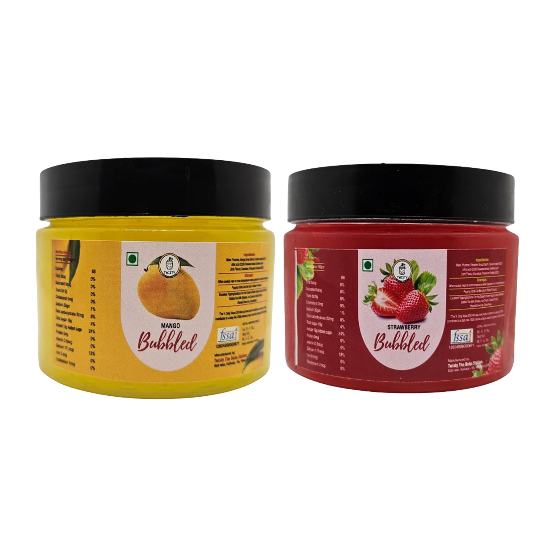 Twisty The Boba Station® Popping Boba Combo – Mango & Strawberry Flavors with 12mm Straws | Bubble Tea, Milkshakes, Ice Cream, Yogurt Toppings | Fruity Bursting Pearls | 2 Packs x 330g