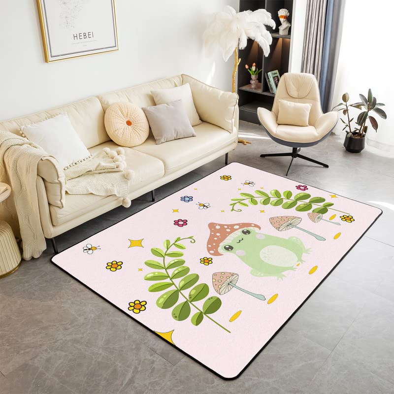 Loussiesd Frog Mushroom Area Rug 100x150cm Kawaii Fungus Rugs Mat for Living Room Bedroom Floral Botanical Decorative Carpet Non Slip Area Runner Rug