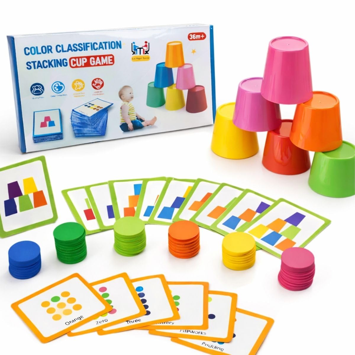 Educational Color Classification Stacking Cup Game for Kids (36 Months+) | Montessori Learning Toy with 6 Stacking Cups, 60 Color Coins & 50 Double-Sided Activity Cards. (Color Match Set)-image-38