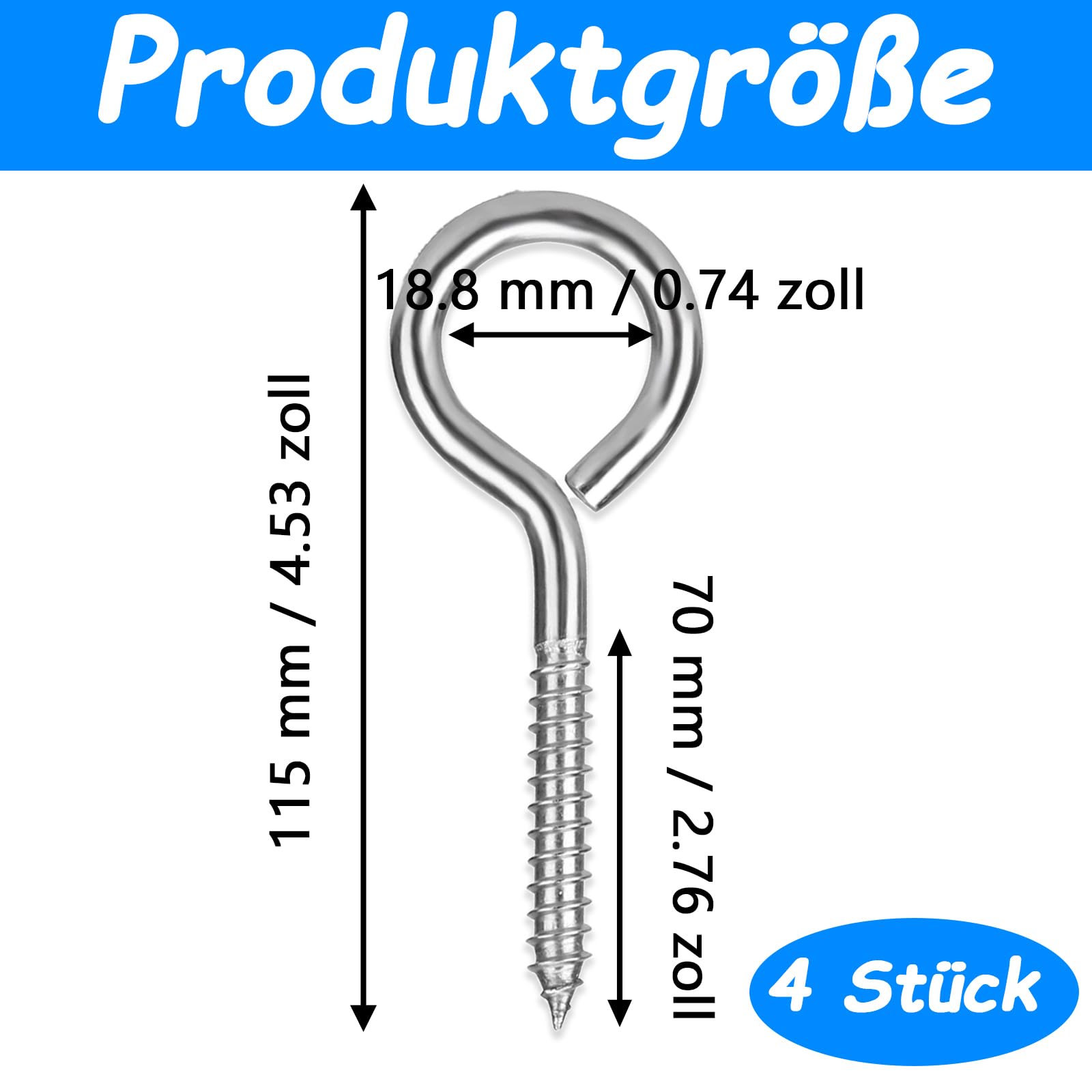 RiseDirectly 2-1/2 Inch Screw in Hooks 10 Pcs Cup Hook Screw 304 Stainless Steel Eye Bolt Hooks Self Tapping Screws for Hanging String Lights Hammock Plants Indoor/Outdoor Open Loop Loading 180 lbs