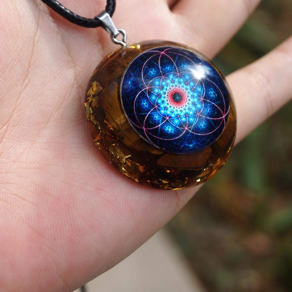 Ciondolo in orgonite Occhio di Tigre Fiore della Vita Collana di Cristallo Orgone Protezione EMF Yoga Meditazione Uomini e Donne