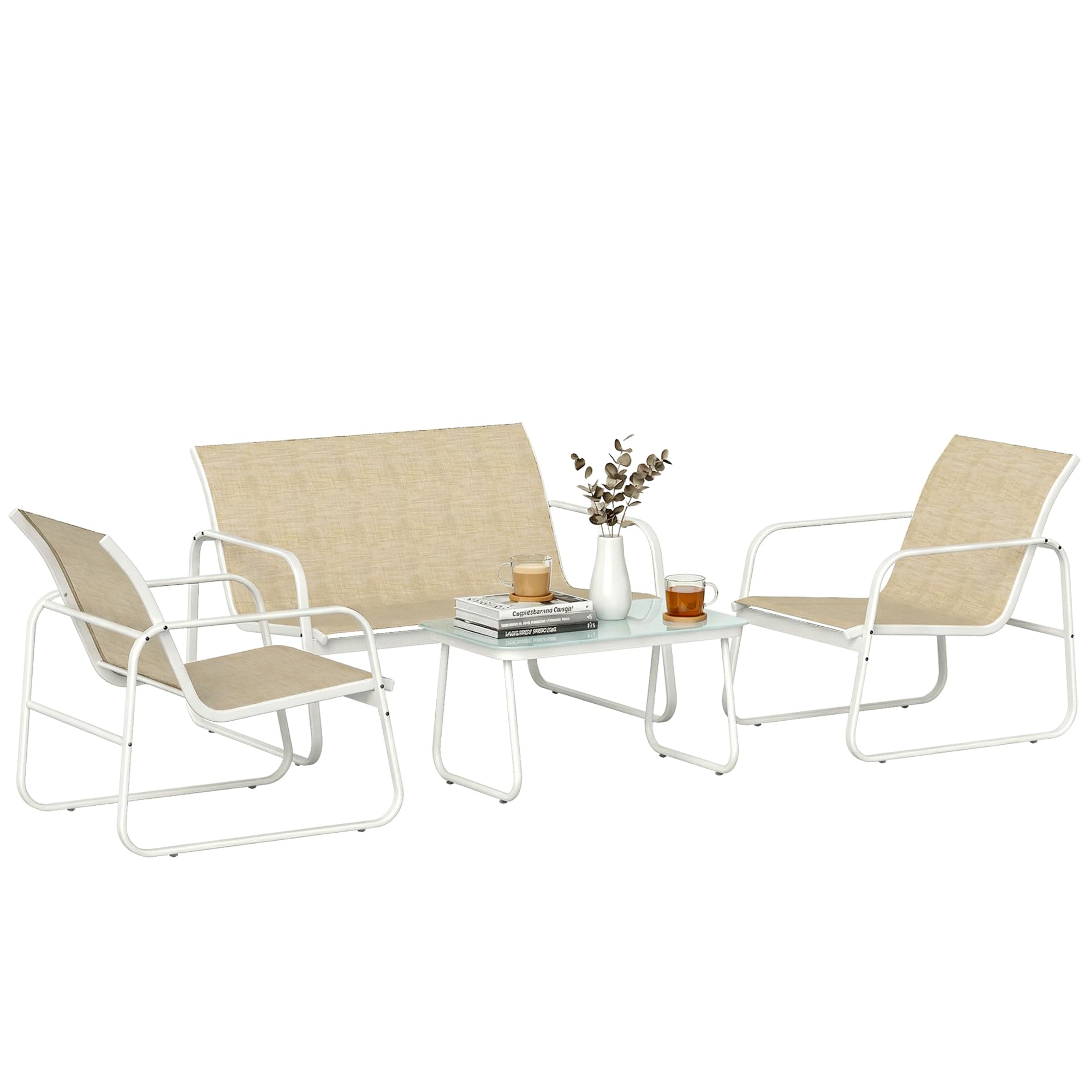 Outsunny Set Salotto da Giardino 4 Pezzi, Set di Mobili da Giardino in Texteline con Divano 2 Posti, 2 Poltrone, Tavolino in Vetro Temperato, Struttura in Acciaio, Salottino da Esterno Balcone, Cachi