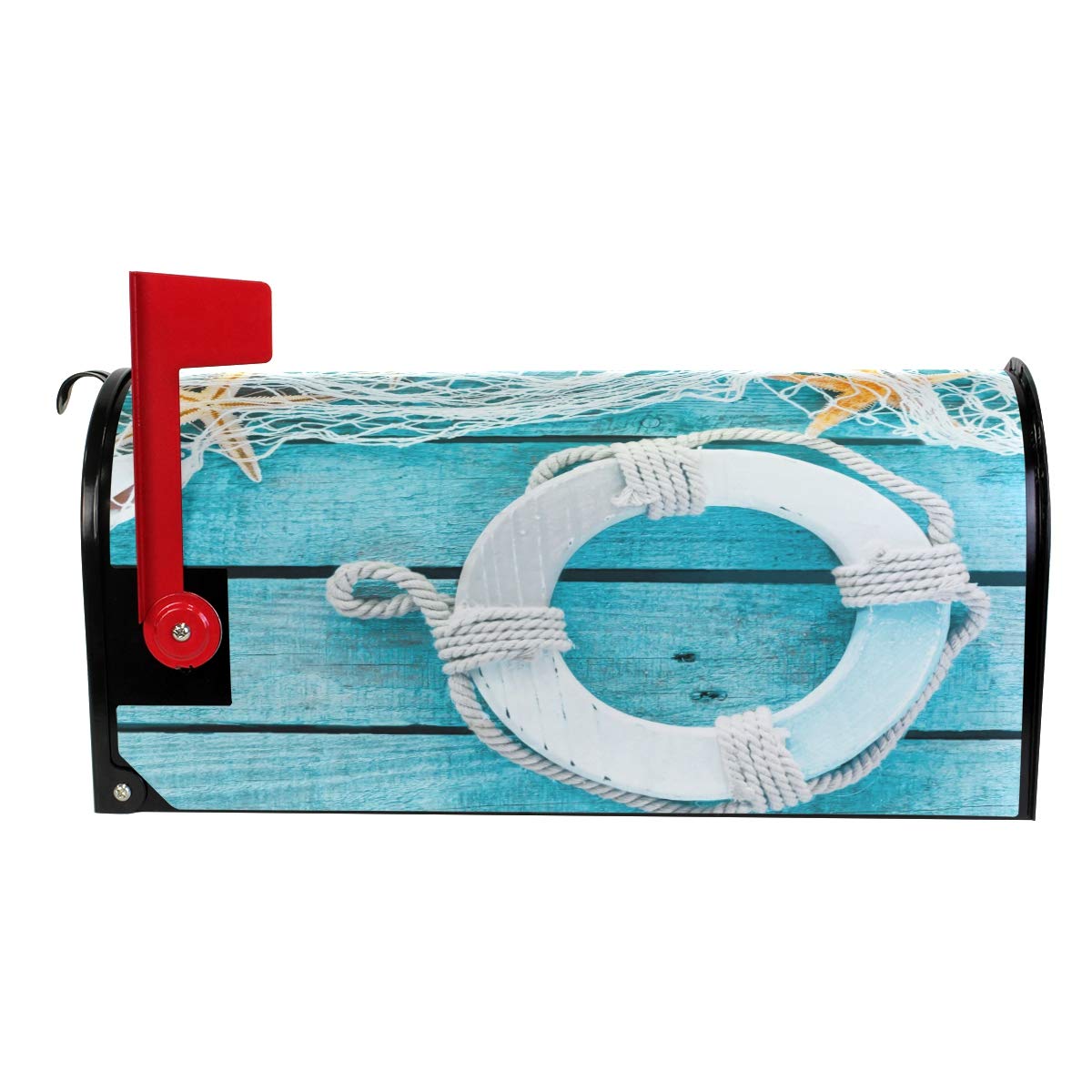 WOOR Nautical Marine Starfish On Turquoise Wooden Plank Magnetic Mailbox Cover MailWraps Garden Yard Home Decor for Outside Standard Size-18