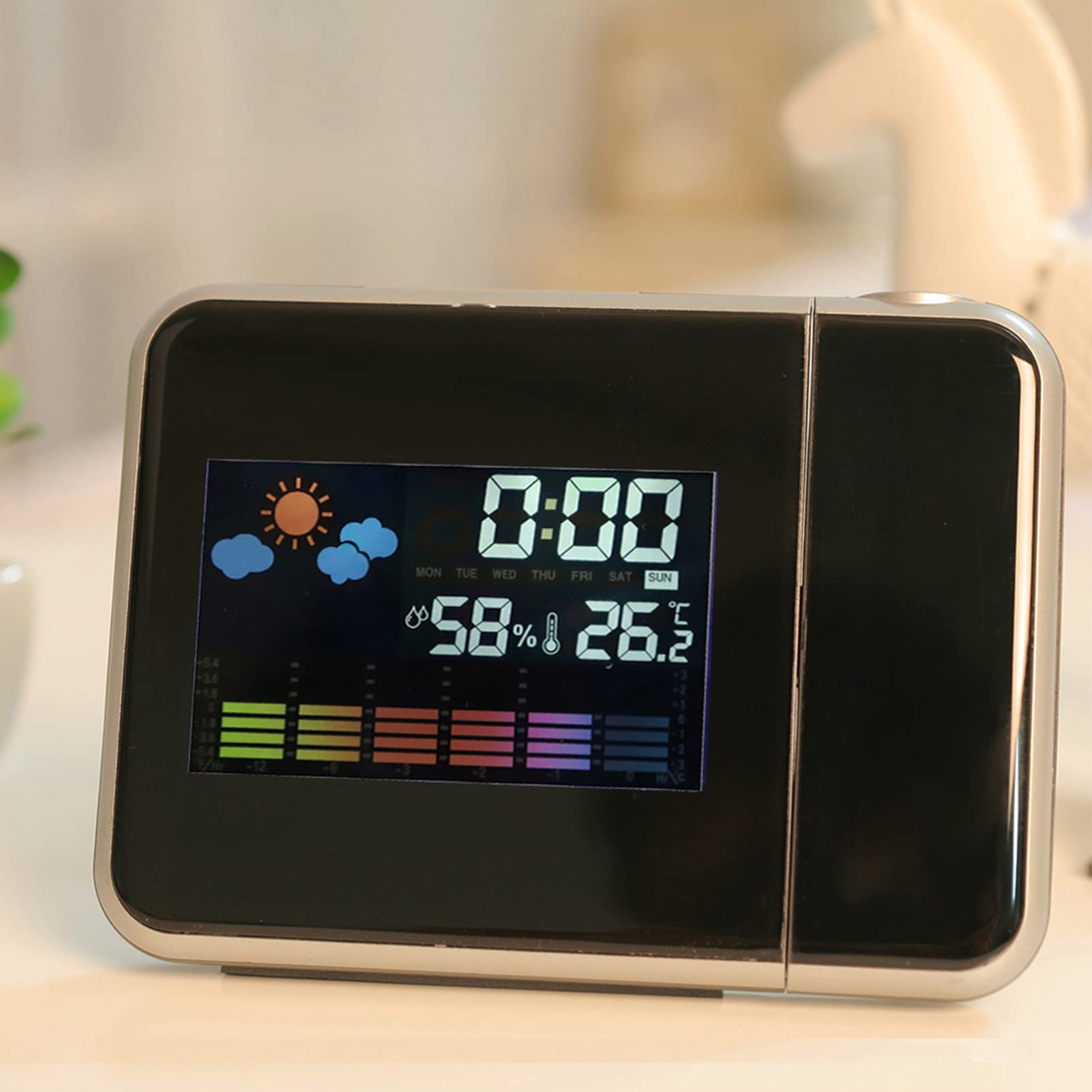 Akozon Projection Alarm Clock Digital LED Weather Forecast Calendar Display Alarm Clock Temperature Humidity Monitor Gauge Hygrometer