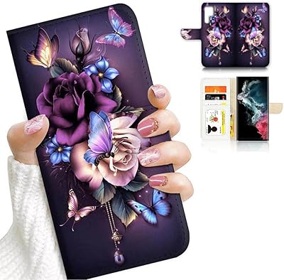 for Samsung S22 Ultra, Samsung Galaxy S22 Ultra, Art Designed Flip Wallet Style Cover Case Vincent Van Gogh Painting Full Body Protection AD003 (#24886 Purple Rose Flower s22u)