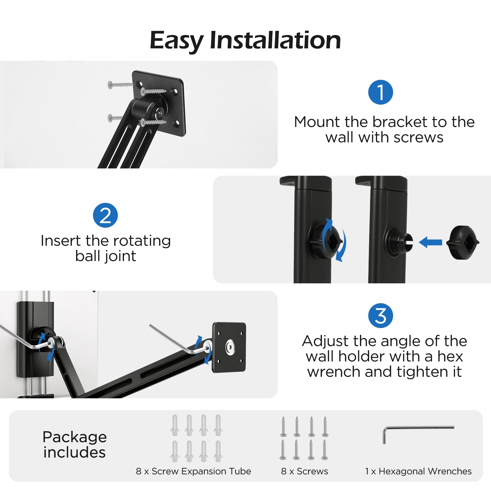 VINATO Supporto Tablet Muro Regolabile a 360° Allungabile in Alluminio Pieghevole per iPad Telefoni 4,7"-13" Nero