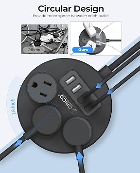 ORICO Power Strip, 45 Flat Plug Extension Cord with 3 AC Outlets and 4 USB-A Charging Ports, 5FT Black Compact Outlet Extender for Cruise/Travel/Home/Office - PSO