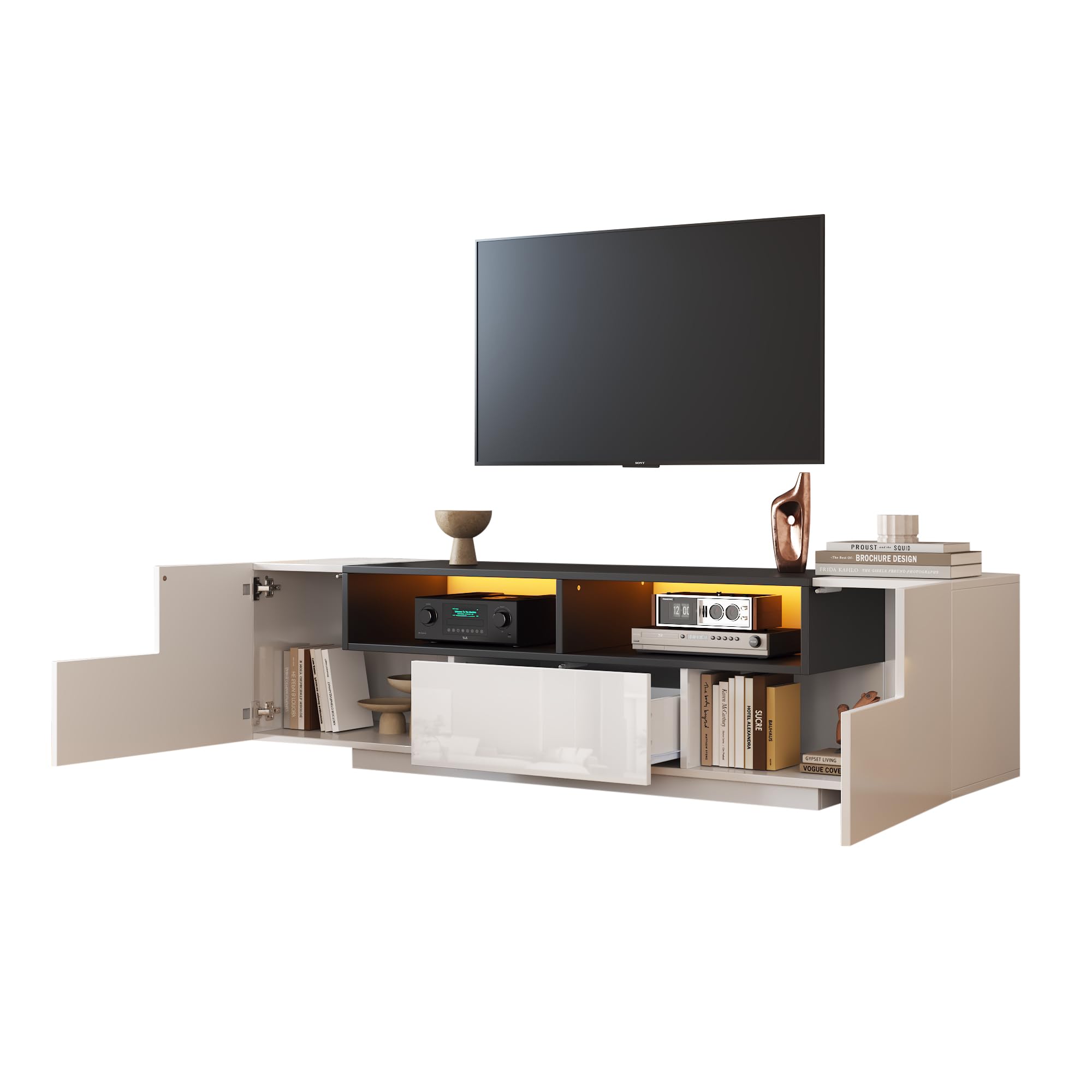 180 x 40 x 48 cm, armario de TV con forma de L y cajones, armario de salón, adecuado para televisores de 75 pulgadas, blanco y negro