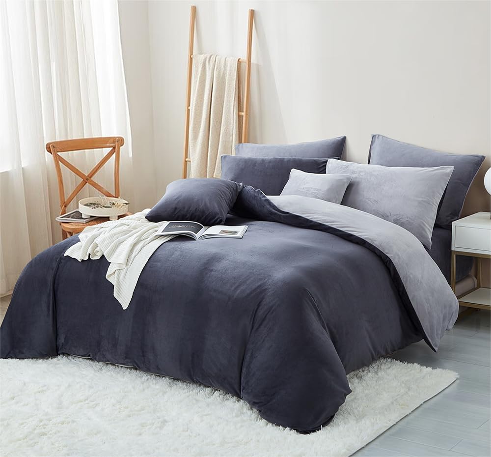 Freyamy - Funda nórdica de franela (220 x 240 cm), color gris oscuro y gris de peluche, juego de cama de 2 personas, terciopelo, invierno cálido, con cremallera Sherpa, ropa de cama reversible con 2