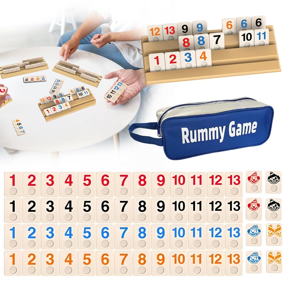 Rummy Jeu de Societe, Rami Jeux de Carte Coffret avec 1 Sac de Rangement, 4 Support, 112 Tuiles Robustes, Jeu de Rummy pour Les Joueurs
