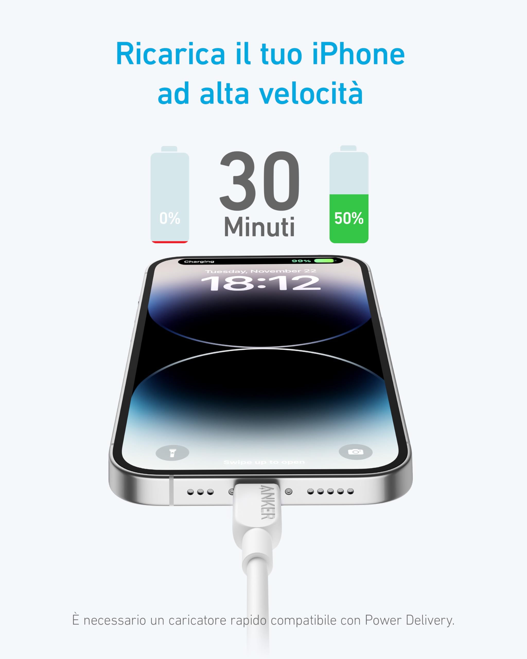 Anker cavo iphone usb c, cavo lightning 310, certificato MFi, cavo ricarica rapida iPhone 14 Plus 14 14 Pro Max 13 13 Pro 12 11 X XS XR(90cm)