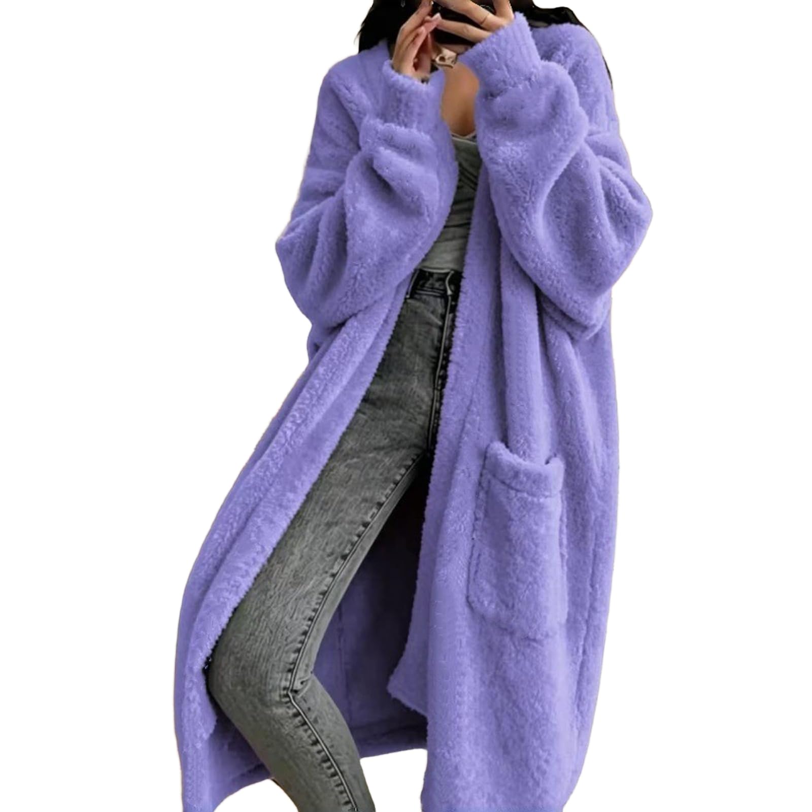Generisch Fleecejacke Damen Lang Winterjacke Langarm Kuscheljacke Flauschig