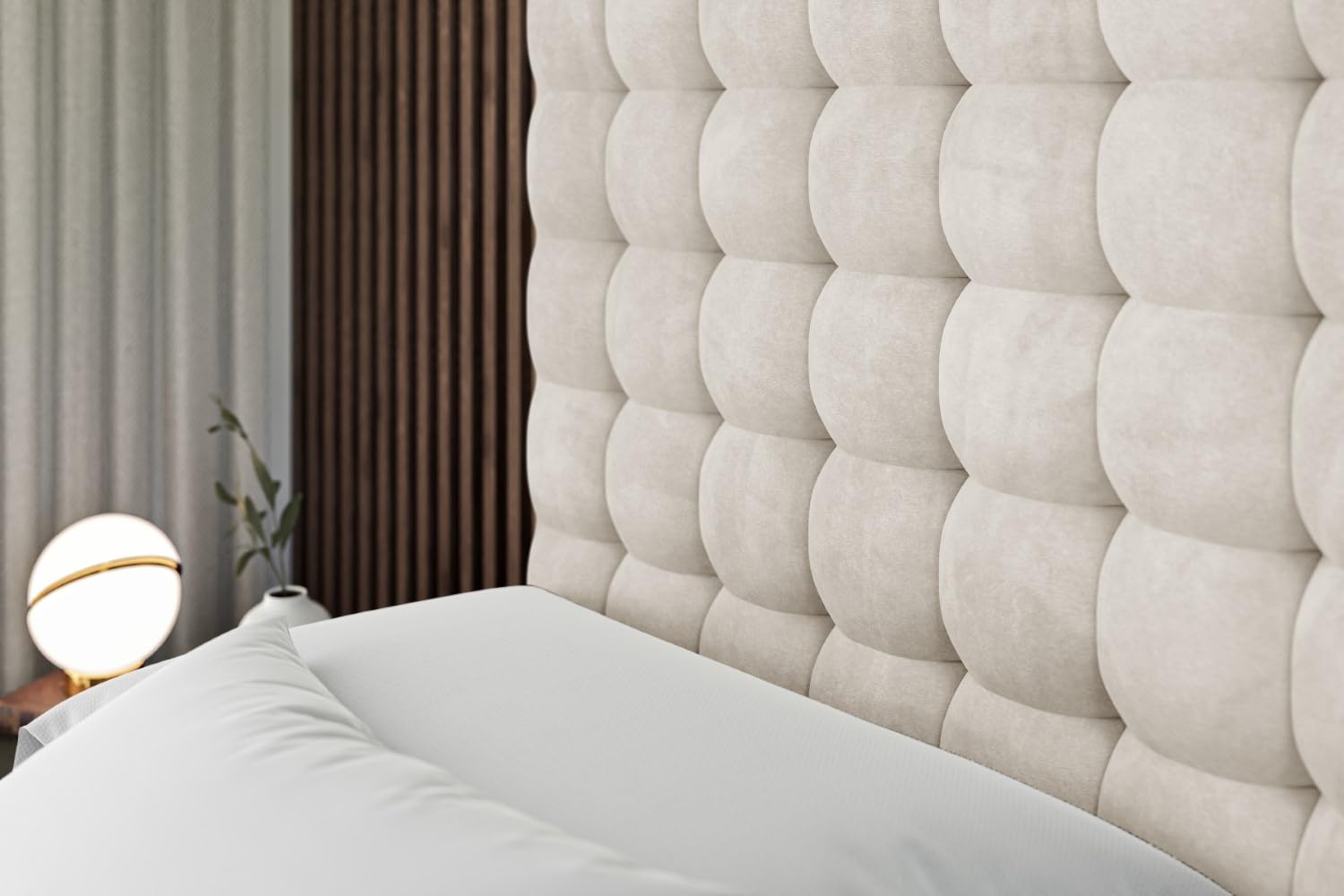 ALTDECOR Boxspringbett mit Matratze und Lattenrost, Topper, Fußteil, Polsterbett mit Bettkasten, Bett mit Stauraum H3- und H4- Matratze,Springboxbett - VIONE-Z King - 200x200 - Beige Samt