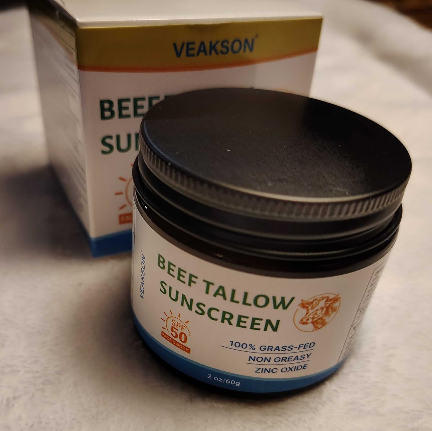 veakson Beef Tallow Sunscreen SPF 50, Organic Grass-Fed Tallow Sunscreen with Non Nano Zinc Oxide, Natural Non-Greasy Formula for Face & Body, Water Resistant, Adult & kids, Reef Safe, Unscented, 60g