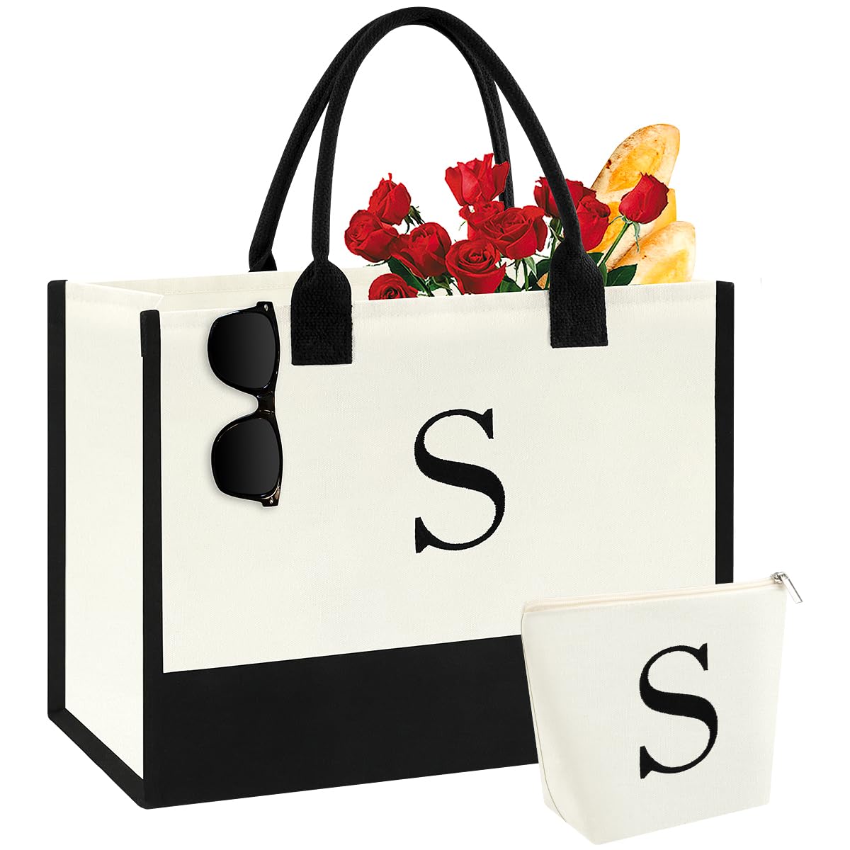 PHILORN Bolsa de lona con inicial con cremallera y bolsillo, regalos personalizados con monograma para mujeres, bolsa de monograma de maquillaje para playa, Blanco, X-Large