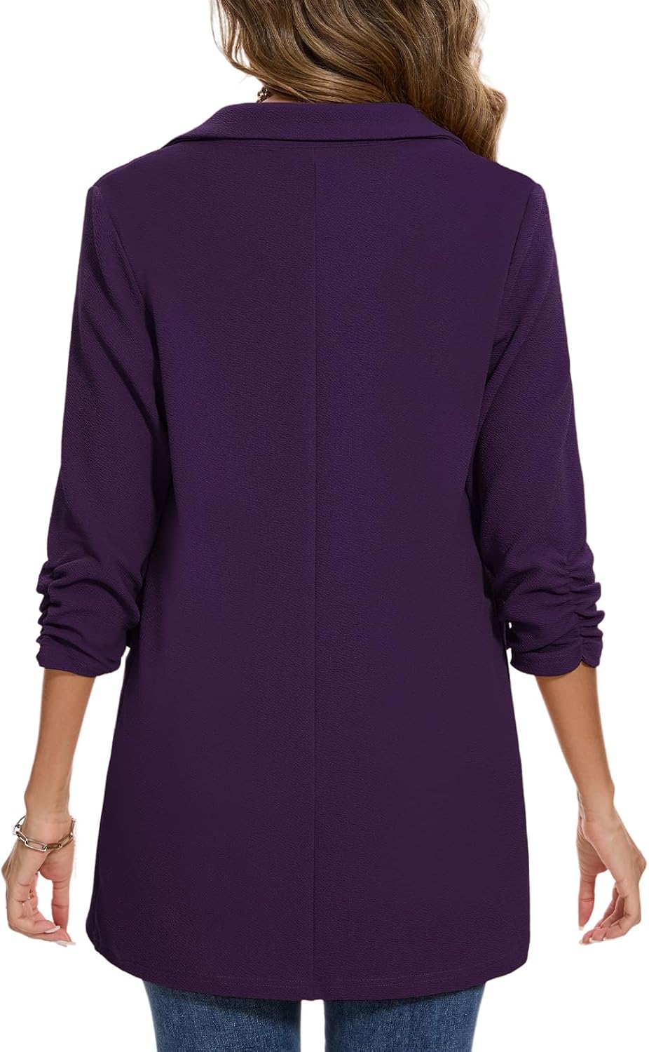 MINTLIMIT Women's Casual Long Blazer 3/4 Ruched Sleeve Lapel Button Front Work Office Blazers Suit Jacket with Pockets