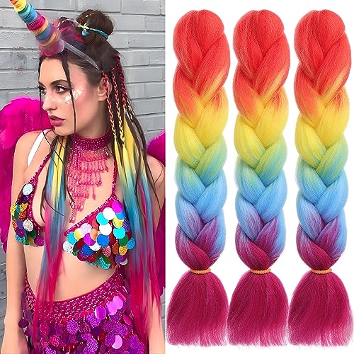 EMMOR Jumbo Flechthaarverlängerungen, 24 Zoll, hochtemperaturbeständige synthetische Fasern, 3 Stück vorgedehnte Box Braids Flechthaare, Twist-Zöpfe, Häkeln mit Kanekalon (Regenbogen) EMMOR Jumbo Flechthaarverlängerungen, 24 Zoll, hochtemperaturbeständige synthetische Fasern, 3 Stück vorgedehnte Box Braids Flechthaare, Twist-Zöpfe, Häkeln mit Kanekalon (Regenbogen)