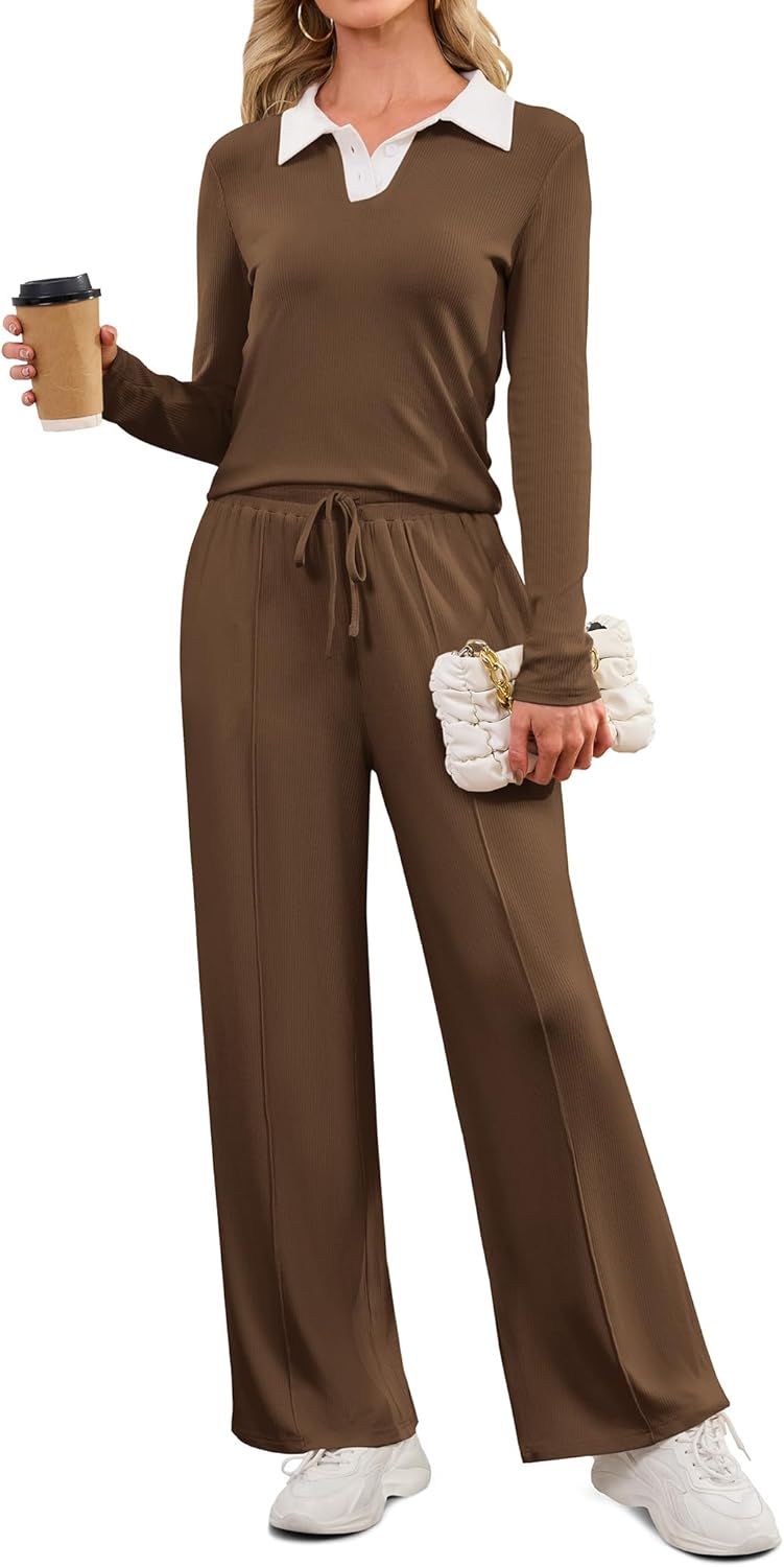 SHESHOW Lounge Sets for Women Long Sleeve Knit Polo Shirts and Wide-Leg Sweatpants Casual Matching Sets 2 Piece Outfits