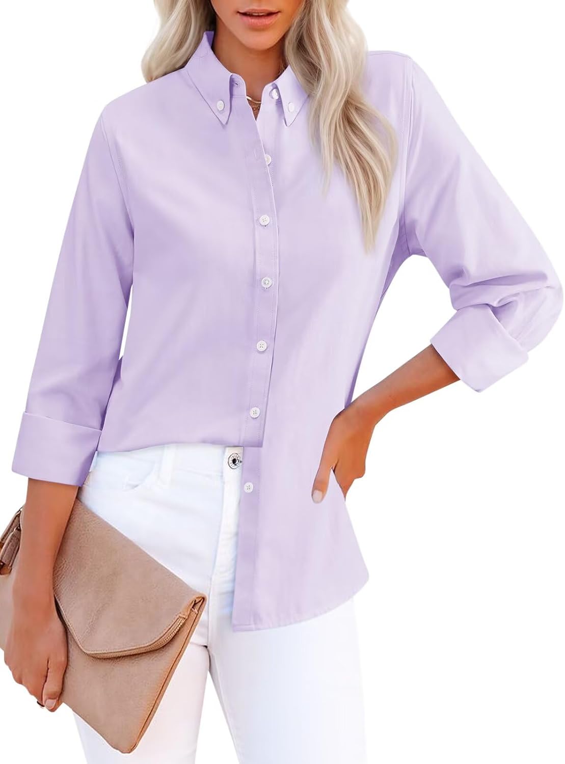 siliteelon Fitted Button Down Shirts for Women Oxford Shirt Cotton Dress Shirts Collared Long Sleeve Wrinkle Free Blouse Tops-Lilac S - Image 2