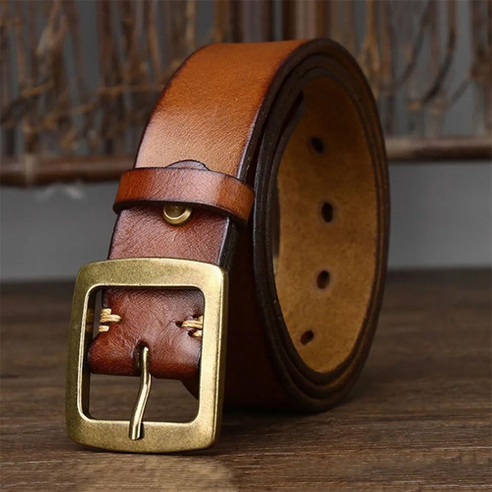 Men Solid Leather Brass Pin Buckle Retro Belt Solid Casual Jeans 3.8cm Wide Belt4