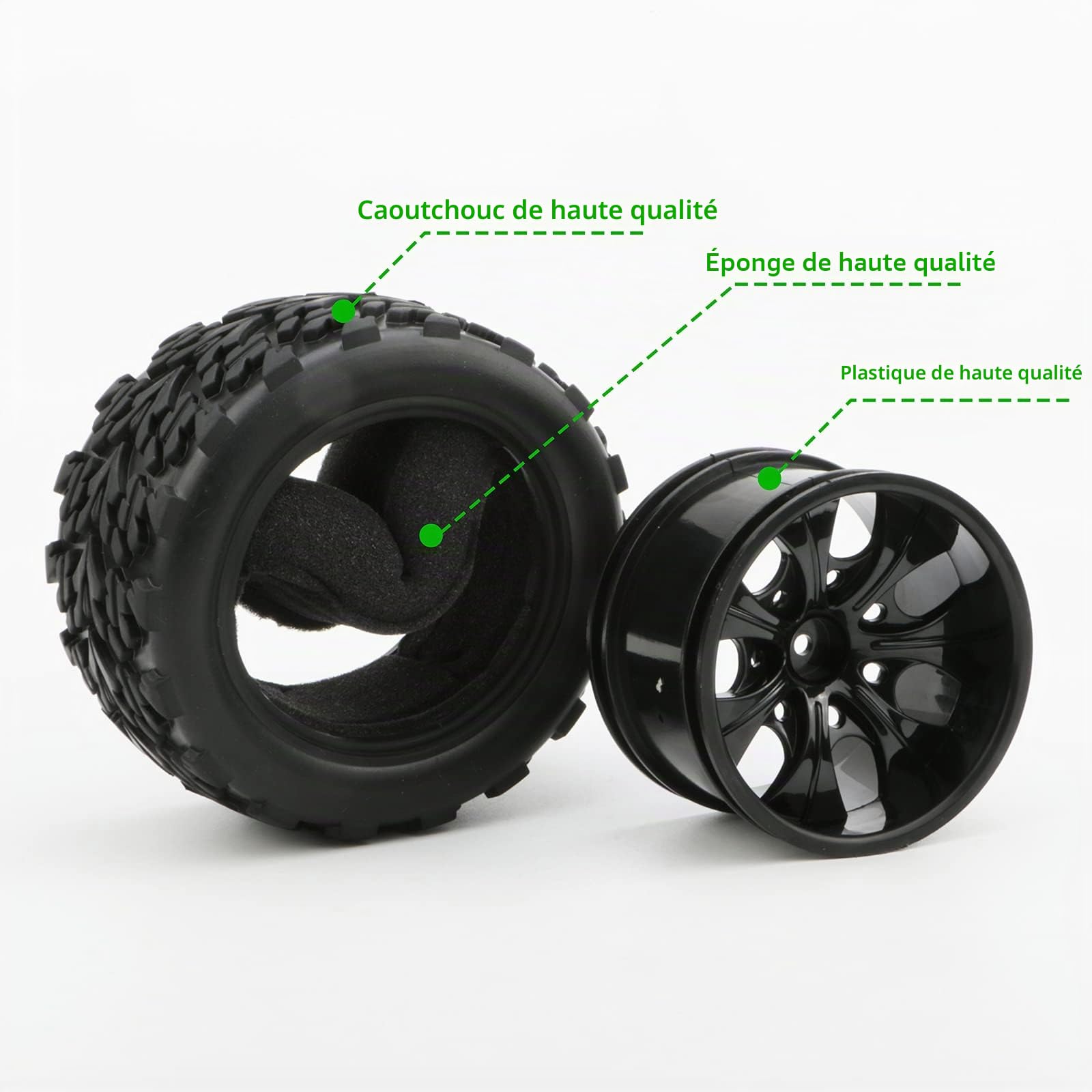 Lot de 4 pneus 1:10 RC Monster Truck avec 7 rayons Jante Noir