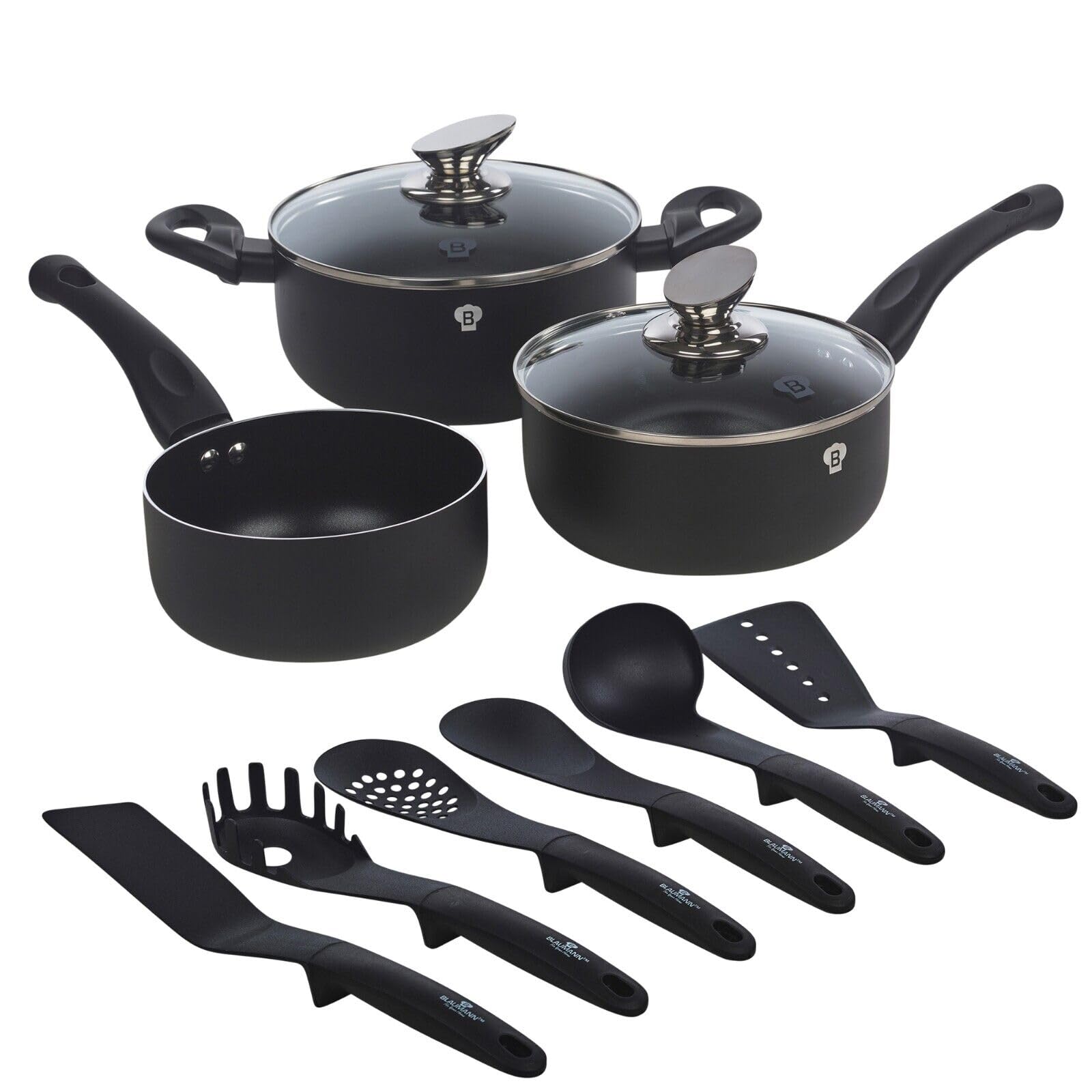 Blaumann 11pc Induction Soft Touch Cookware Pots Pan Saucepan & Kitchen Tool Set (Black Matt)