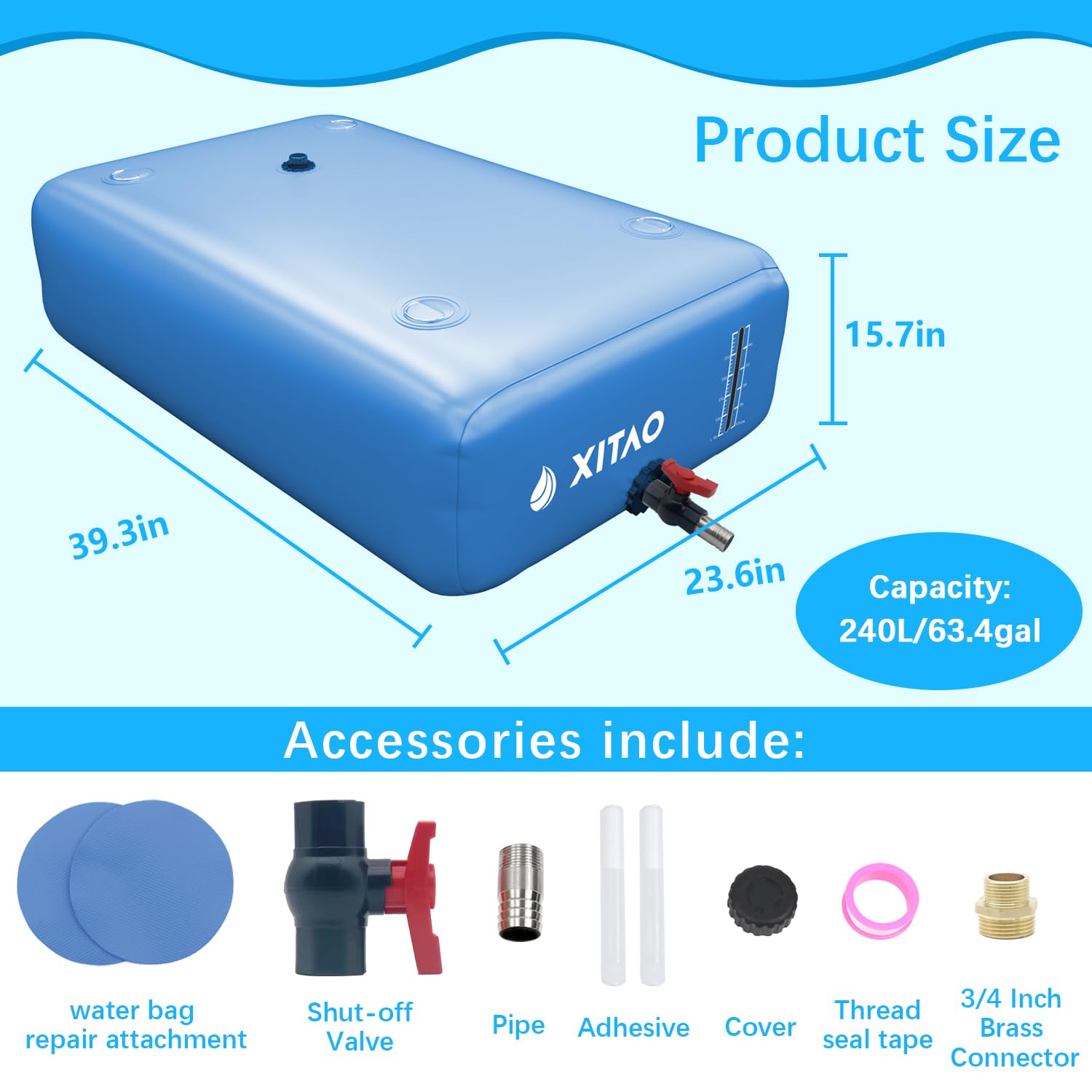 XITAO Contenedores de almacenamiento de agua de gran capacidad de 63 galones con indicador de nivel de agua, portátil, plegable, bolsa de tanque de agua de emergencia para caravanas, resistencia a la