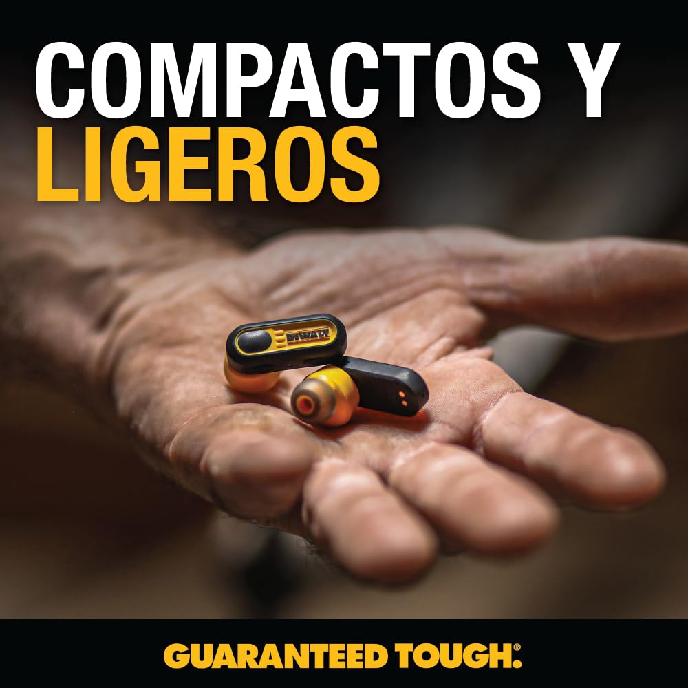 DEWALT Audífonos inalámbricos Verdaderos de Alta Resistencia, Auriculares Bluetooth con Estuche de Carga Tipo C Incluido, más de 30 Horas de duración de batería, fácil configuración para iPhone,
