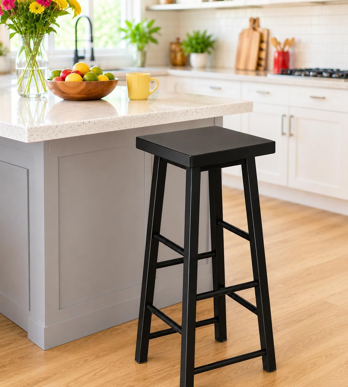 64170 Classic Breakfast Stool/Kitchen Counter Bar Stool with Metal seat and Black Frame/High Stool for Cafe, Home and Office - Black-image-13
